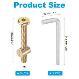 PATIKIL M8 x 60mm Bunk Bed Bolts, 8 Pack Hex Drive Socket Cap Barrel Screws Bolt Nuts Assortment Kit with 1Pcs Wrench for Furniture Bed, Zinc Color