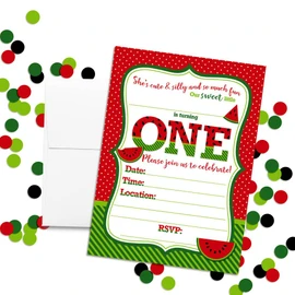 Sweet First Birthday Red Watermelon Birthday Party Invitations, 20 5x7 Fill In Cards with Twenty White Envelopes by AmandaCreation