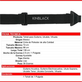 Tahali Kinblack, Para Guitarra Acustica, Ukulele o Vihuela, Fabricado en México Con Cinta De Poliéster De Alta Calidad, Apto para Niños Y Adultos, Color Negro, Cuenta Con Un ancho de 2.5 cm.