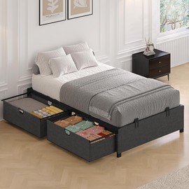 HAUOMS Twin Size Bed Frame with 2 Large Storage Drawers, Platform Bed with Drawers, Heavy Metal Slats Support, No Box Spring Needed, Noise Free, Easy Assembly, Dark Grey