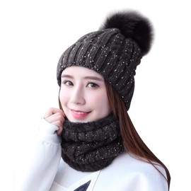Magracy Womens Girls Winter Kintted Hat and Scarf Set Beanie Hat with Pom Pom (B-Grey)