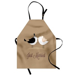 ABAKUHAUS Wedding Cooking Apron, Bride and Groom Birds Just Married, Handwritten Art Text Romantic Hearts, Height Adjustable, Clear Colours Without Fade, Cocoa Brown