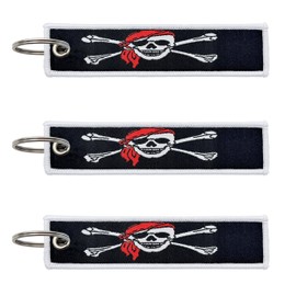 LLBFHH 3 Pcs Jolly Roger Red Bandana Pirate Flag Keychain,Woven label Key Chains for Car Keys,Fabric Key Chains Men and Women,Used for Various Decorations., Red Bandit Pirate, Small