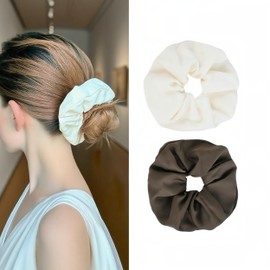 Minimalist Silk Scrunchies for Women Girls Hair Ties Beige & Brown Satin Ponytail Holder Silky Curly Hair Accessories - 2 Pack, 4.92''