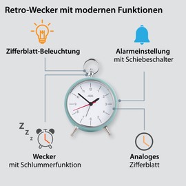 ADE Retro-Wecker CK2008 Mint, analoge Vintage Tischuhr, 3 Lautstärkestufen, Metallgehäuse, altmodisch, mit Snooze-Funktion und Beleuchtung, 10.8 cm