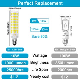 E11 LED Bulb Dimmable, JDE11 120V 100W Halogen Equivalent, T3/T4 Mini Candelabra Base, 4000K Natural White, ‎10W 1100 Lumen E11 Bulbs for Ceiling Fans, Chandeliers, Cabinet Lighting, 4 Pack