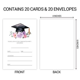 ZYQFN ZY-YQ007 2025 Graduation Party Invitations - 20 Watercolor Floral & Graduation Cap Cards with Envelopes (4"x6"). (007)