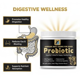 Aarkani Probiotic Supplement for Dogs – Promotes Digestive Health, Soothes Stomach, and Boosts Immunity – Chicken Flavor – Vet-Formulated– 90 Soft Chews