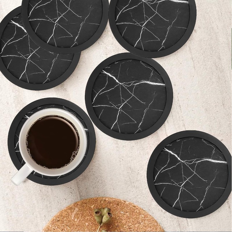 Set of 4 Black Silicone Coasters, Double-Sided Absorbent Felt &