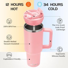 Labulabla 40oz Stainless Steel Insulated Tumbler with Flip Straw, 2-in-1 Lid, 100% Leakproof, Cup Holder Friendly, Handle, BPA-Free (light pink, 40, ounces)