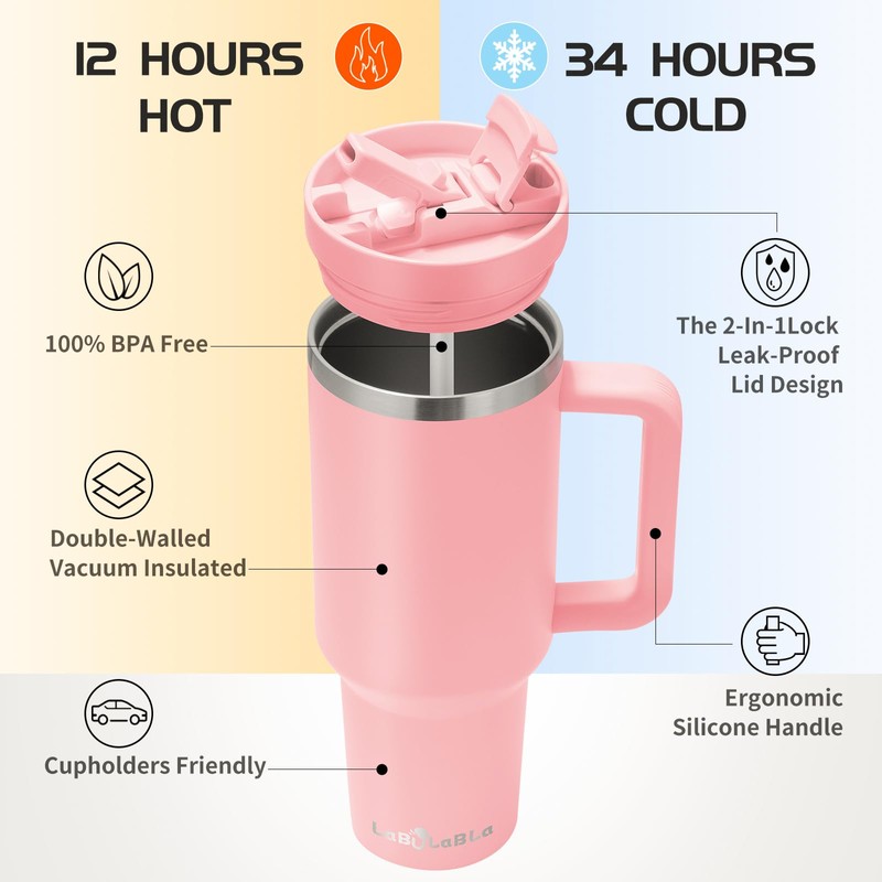 Labulabla 40oz Stainless Steel Insulated Tumbler with Flip Straw, 2-in-1
