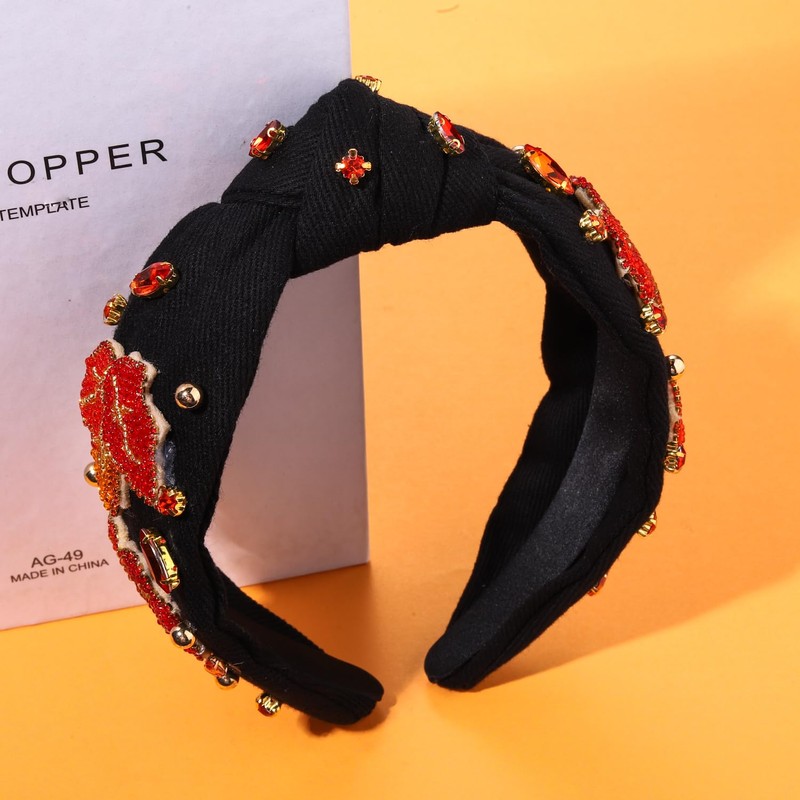 boderier Thanksgiving Headband Beaded Turkey Maple Leaf Knotted Headband for