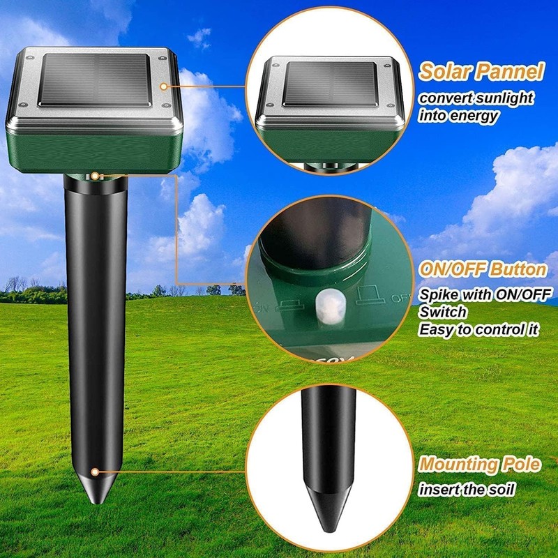 Mole Repellent Solar Powered, 4 Pack Waterproof Ultrasonic Stake Deterrent,