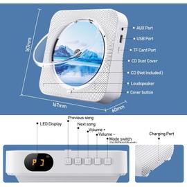 CD Player Portable Bluetooth 5.1 Desktop CD Player with HiFi Sound Speakers, Remote Control, Dust Cover, LED Display, FM Radio, USB/AUX for Home, Kids (White)