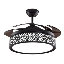 KPIBEST 42 Inch Invisible Ceiling Fan with Light and Remote Control Black Finish, Retractable Blades LED Chandelier Fans Lights with 3 Color Change and 3-Speeds for Dining/Living Room