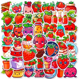 50 Pcs Cute Strawberry Sticker Pack for Girls and Boys, Cartoon Strawberry Reward Sticker, Funny Red Strawberry Fruits Vinyl Decals and Stickers for Water Bottle Scrapbook Journal Computer