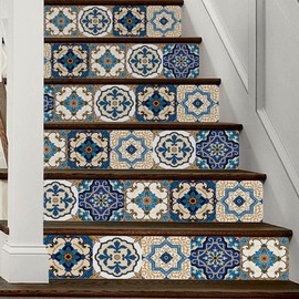AILEGOU 3D Stair Stickers Decals Brick Staircase Decals Removable Tile Stair Risers Decals Decor Peel and Stick Stairs Bakeplash Decals for Stair 39.3Inch x 7.08Inch x 6Pcs(Blue Tile)