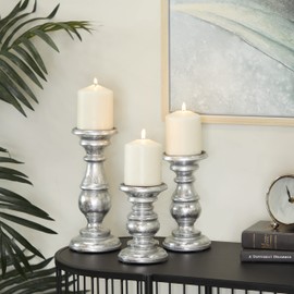 Deco 79 Traditional Mango Wood Pillar Candle Holder, Set of 3 10", 8", 6"H, Silver
