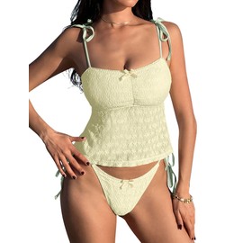 ZAFUL Tankini Swimsuits for Women Mesh Hollow-Out Tank Style Bow Knotted Decor Tie Side High Cut Tankini Set