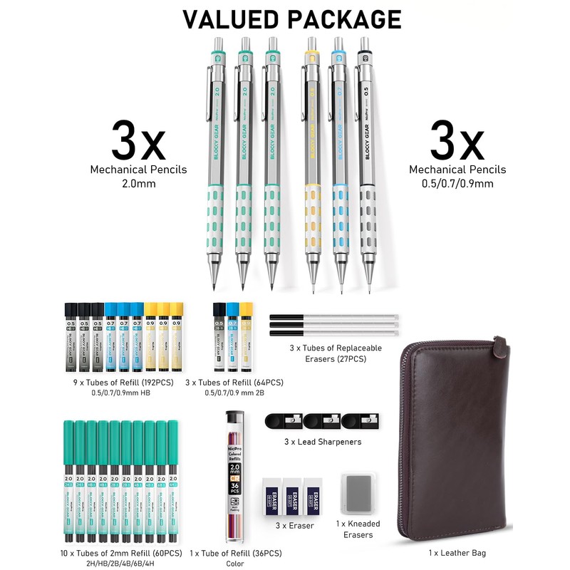 Nicpro Blocky Gear Metal Mechanical Pencil Set with Leather Case,