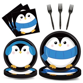 96 Pcs Penguin Birthday Party Supplies Paper Plates Napkins Winter Penguin Themed Party Winter Christmas Holiday Birthday Xmas Tableware Decorations Favors for Kids Serves 24