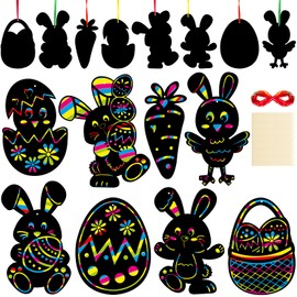 FANCY LAND Easter Scratch Art Paper Rainbow Color Crafts Kit Ornaments for Kids Easter Basket Stuffers Party Favors 48Pcs