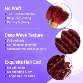 Human Braiding Hair for Boho Braids 110g Deep Wave Boho Bulk Human Hair for Braiding Knotless 12A Wet and Wavy Bohemian 3 No Weft Bundles/Pack Curly Braids Burgundy 14 Inch
