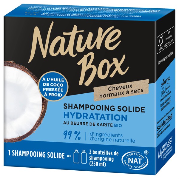 Nature Box - Shampoing Solide Hydratation - A l'Huile de Coco Pressée à Froid - Au Beurre de Karité BIO - Cheveux Normaux à Secs - 99% d'Ingrédients d'Origine Naturelle - Savon de 85g