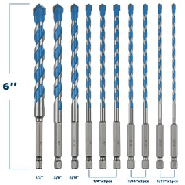 Concrete Carbide Drill Bits, Professional Hex Shank Masonry Drill Bit Sets for Glass/Tile/Brick/Ceramic/Cement/Plastic/Wood, 5/32"-1/2" (10PCS)