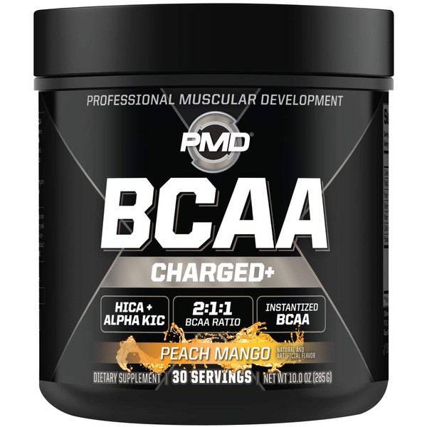 PMD Sports BCAA Charged Delicious Amino Acid Drink Mix for Performance and Recovery - Increase Muscle Function for Workout and Daily Energy - Peach Mango (30 Servings)
