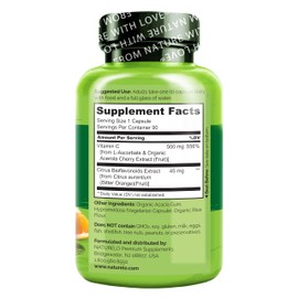 NATURELO NATURELO Vitamin C with Organic Acerola Cherry Extract and Citrus Bioflavonoids - Vegan Supplement - Immune Support - 500 mg VIT C per Cap - Non-GMO - 90 Capsules