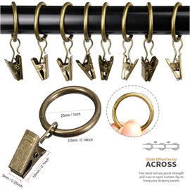 ZUJIACUN 20Pcs 1.5-inch Curtain Ring, Antique Brass Metal Curtain Ring With Clamp, Decorative Curtain Rod Clamp for Hanging in Bathroom, Living Room and Guest Room
