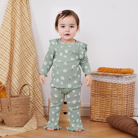 Baby Girl Fall Clothes Set Ruffle Long Sleeve Tops Flare Pants Cute Infant Toddler Outfits 6 12 18 24 Months 2T 3T (Flower Green, 2-3T)