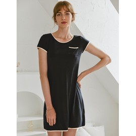Ekouaer Women's Nightdress Short Sleeve Sleepshirt Casual Night Dress with Crew Neck Sleepwear with Chest Pocket Loungewear Black M