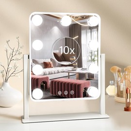 Leadzones Hollywood Vanity Mirror with Lights,Tabletop Makeup Mirror with 9 LED Lights Smart Touch Control 3 Colors Light 360°Rotation Detachable 10X Magnification