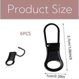 6 Pack Zipper Pull Replacement, Detachable Metal Zipper Pulls Repair Kit, Black Zip Puller Tabs for Jackets, Backpacks, Luggage and Clothing