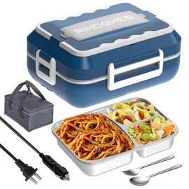 RIKDOKEN 60W Faster Heat Electric Lunch Box Heater for Car Truck Work Home, 12V 24V 110V Portable Food Warmer with 1.5L Stainless Steel Container, Leak-proof Lunch Heater with Bag, Spoon, Fork