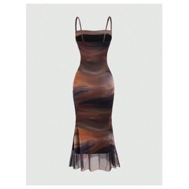 GORGLITTER Women's Mesh Ruched Spaghetti Strap Maxi Party Bodycon Dress Multicolor Small