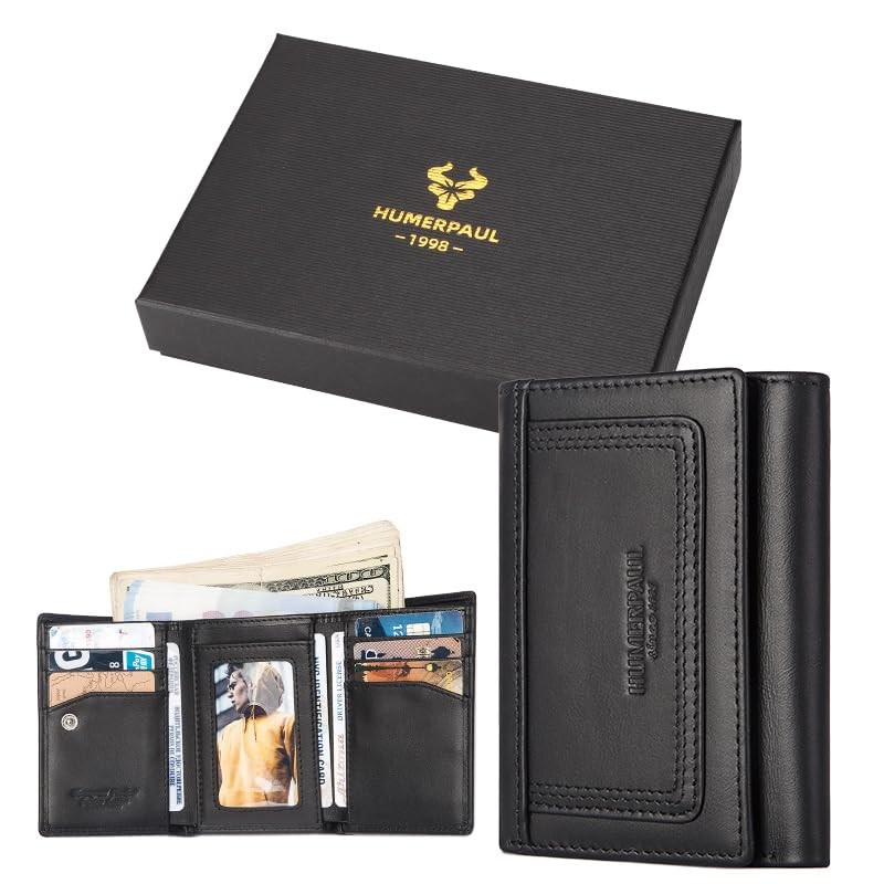 HUMERPAUL Men's RFID Blocking Tri-Fold Genuine Leather Wallet with 9