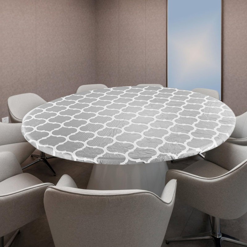 HXMJIED Elastic Edged Vinyl Fitted Tablecloth, Grey Stripe Round Tablecloth,