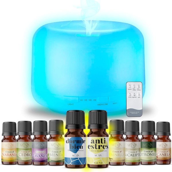 MEVA aromaterapia DIFUSOR de Aceite Aromas Esencial con 10 esencias de Regalo, ULTRASONICO, 7 Colores LED, humificador de Aceite Esencial (7 Colores)