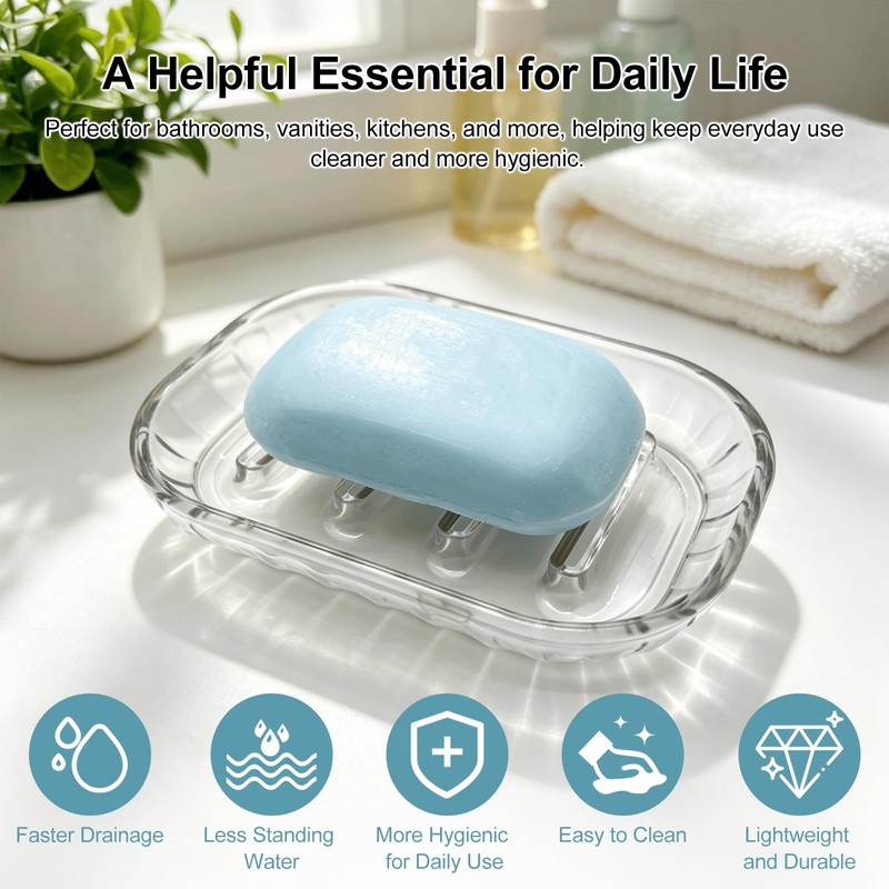 2 Pack Clear Soap Dish Holder for Bar Soap, Bathroom
