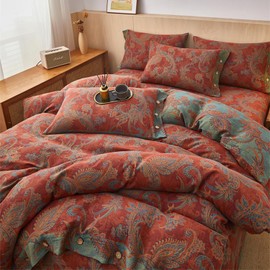 EAVD Vintage Boho Jacquard Floral Duvet Cover Queen Soft 100% Cotton Muslin Yarn-Dyed Textured Bedding Set with 2 Pillowcases Boho Floral Comforter Cover with Button Closure