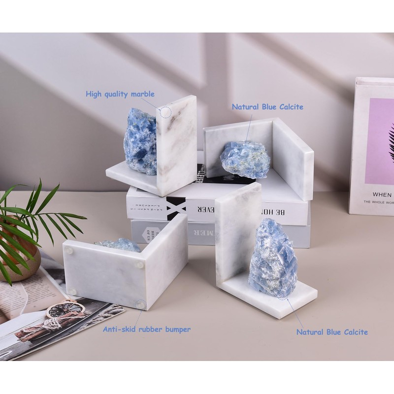 AMOYSTONE Natural Marble Bookends Heavy Duty for Shelves, L-Shaped Decorative