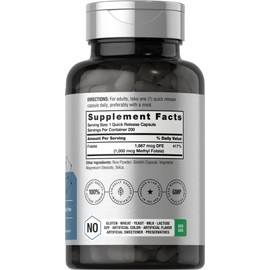 Horbäach Methyl Folate Supplement | 1000 mcg | 200 Capsules | 5-MTHF | Folic Acid | Non-GMO, Gluten Free Methylfolate