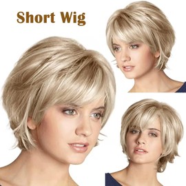 Aisaide Short Blonde Wig Pxie Cut Curly Layered Wig with Bangs for White Women,Ombre Blonde Mixed Highlight Brown Layered Hair Wig Fluffy Natural Synthetic Haircut Wig for Daily Use