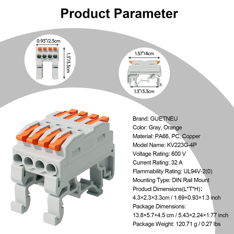 5Pcs DIN Terminal Blocks, 4 Conductor Compact Wire Conductor Splicing