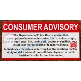 Consumer Advisory Consuming Raw Or Undercooked Safety Sign (White, Aluminium, Come With Double Sided Tape, Size 6X12 Inch,W)