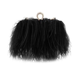 Women Natural Ostrich Feather Vintage Purse Evening Bag Glitter Purse Women's Evening Handbags Party Wedding Black
