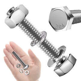 Mywish (6 Sets) 3/8-16x2 Hex Head Nuts and Bolts with Flat & Lock Washers, 304 Stainless Steel 18-8, Fully Threaded, 3/8 Bolts, Hex Bolts Metric Bolt Assortment